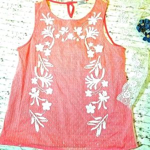 TOBI Coral Pink Tank Lace Sheer Back L EUC